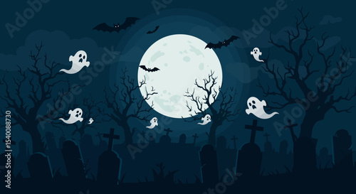 Spooky Halloween Cemetery Scene Under a Full Moon