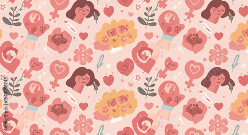 Feminine Pattern of Hearts, Flowers, and Women's Symbols on Pink Background