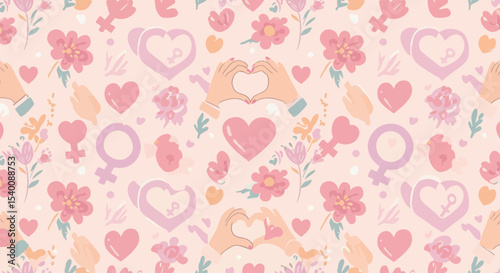 Feminine Empowerment Pattern with Hearts, Flowers, and Female Symbols on Light Pink Background