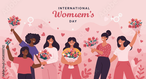 Diverse women celebrating International Women's Day with floral bouquets and heart accents