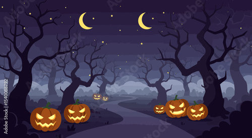 Spooky Halloween Night: Glowing Pumpkins Illuminate a Dark Forest Path Under Crescent Moons