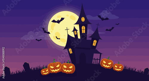 Spooky Halloween Night: Haunted House, Pumpkins, Bats, and Full Moon
