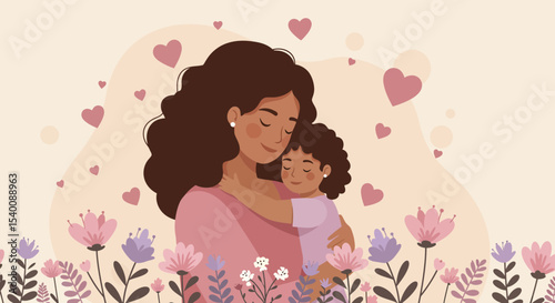 Loving Mother and Child Embrace Amidst Hearts and Floral Illustration