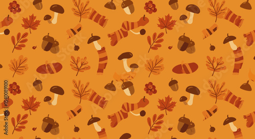 Autumnal Delight: A whimsical pattern of leaves, acorns, mushrooms, and cozy scarves on a warm orange background.