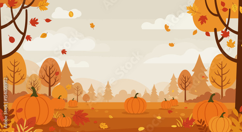 Autumnal Landscape with Pumpkins and Falling Leaves