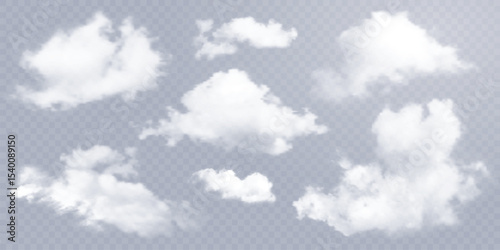 Realistic white vector clouds isolated on transparent background. Set of soft cumulus shapes, mist or fog elements for sky, weather, or nature illustration. Atmospheric airy texture for design.