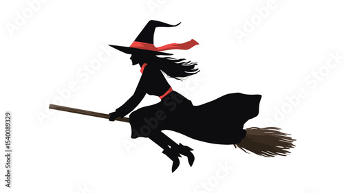 The image is a vector illustration depicting a silhouette of a witch flying on a broomstick against a white background. The witch is wearing a long robe, pointed hat,