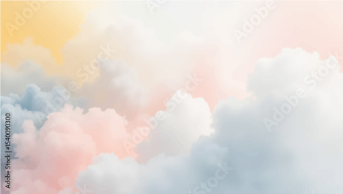 abstract background featuring a soft, blended texture similar to watercolor or clouds. The color palette should include pastel shades of Ash, grey, dark pink, sky blue, yellow and white, with smooth