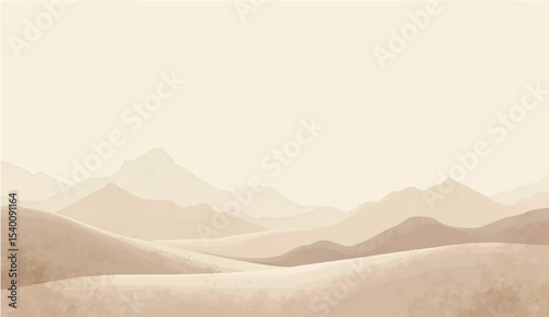 abstract Minimal beige landscape with soft mountain silhouettes and over a calm lake. Vector background for nature-themed designs or tranquil scenes 