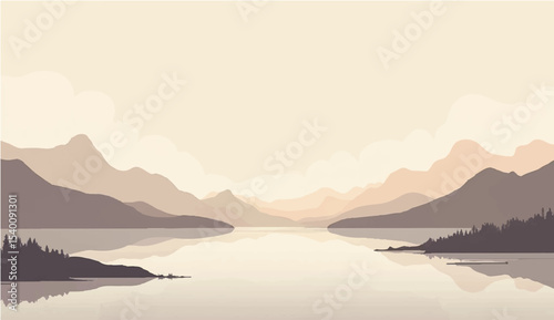 abstract Minimal beige landscape with soft mountain silhouettes and over a calm lake. Vector background for nature-themed designs or tranquil scenes.