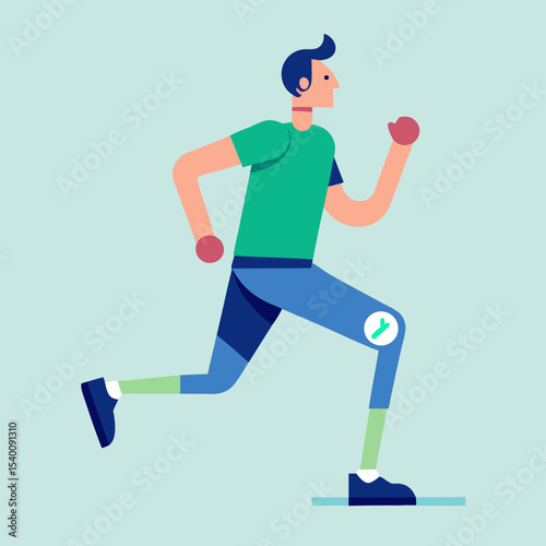 Flat vector character of a man with prosthetic leg jogging in park, athletic wear, motivational and inclusive design