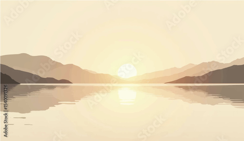 abstract Minimal beige landscape with soft mountain silhouettes and over a calm lake. Vector background for nature-themed designs or tranquil scenes.