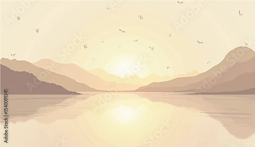 abstract Minimal beige landscape with soft mountain silhouettes and over a calm lake. Vector background for nature-themed designs or tranquil scenes 