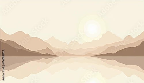 abstract Minimal beige landscape with soft mountain silhouettes and over a calm lake. Vector background for nature-themed designs or tranquil scenes 