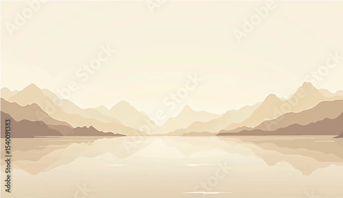 abstract Minimal beige landscape with soft mountain silhouettes and over a calm lake. Vector background for nature-themed designs or tranquil scenes 