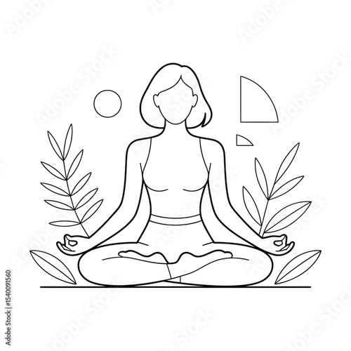 A woman meditating peacefully in lotus pose with botanical and geometric elements vector illustration