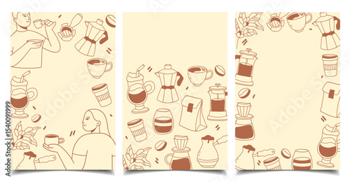 set of vertical banners, hand-drawn coffee doodle templates