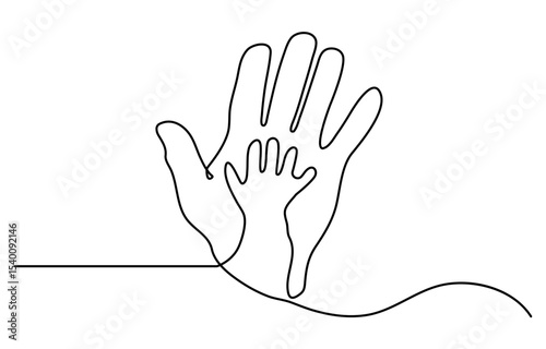 One continuous line drawing of baby kid hand holding mom dad parents hands. son daughter grab mommy daddy hand. family doodle outline art line vector illustration