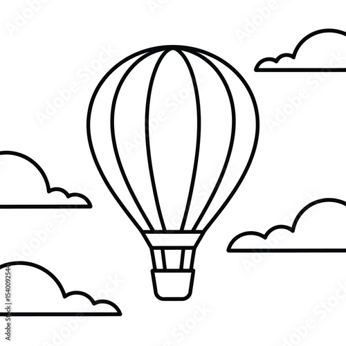 Black and white line art illustration of a hot air balloon floating amongst fluffy cloud outlines suitable for children's coloring pages or educational resources