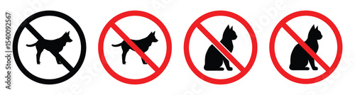 No Pets Allowed Prohibition Sign Set – Animal and Pet Ban Vector Icons and Labels, Vector illustration.	