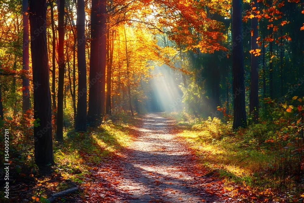 Obraz premium Autumn forest trail covered in colorful fallen leaves