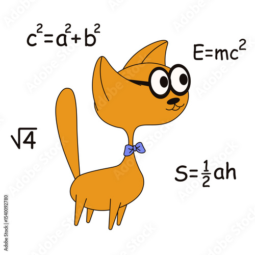 Vector cat. Cute Whimsical scientist cat with matchematical formulas isolated transparent background. Ideal for kids prints, Back to School nursery art, poster, stickers, card cover print. EPS 10