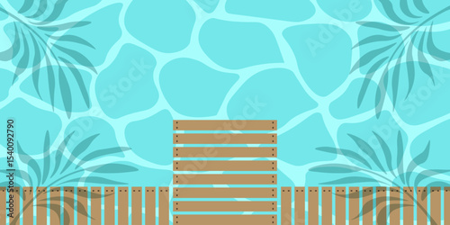 Summer Frame. Vector illustration of sea surface with piere and palm leaves shadows. Summer banner with empty Frame. Perfect web background sale poster travel card. EPS 10