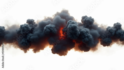 Generate a symmetrical image of a dense, dark smoke cloud expanding outwards from a central, intense orange and red glowing core, indicative of a powerful explosion or a fiery reaction.