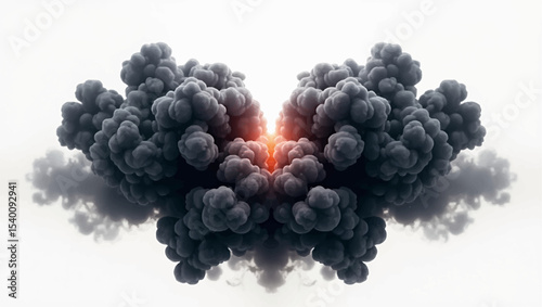 Generate a symmetrical image of a dense, dark smoke cloud expanding outwards from a central, intense orange and red glowing core, indicative of a powerful explosion or a fiery reaction.