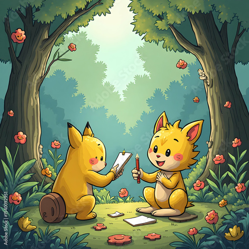 Animals Writing Together in Forest Cartoon Illustration