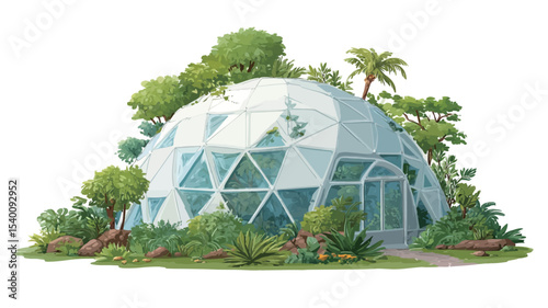 A digital illustration depicting a white geodesic dome home surrounded by lush tropical vegetation. The dome features glass panels, allowing light to enter.  The vegetation includes various types