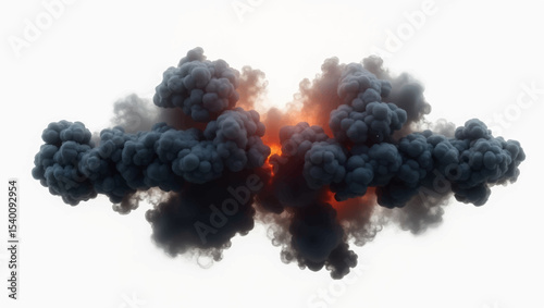Generate a symmetrical image of a dense, dark smoke cloud expanding outwards from a central, intense orange and red glowing core, indicative of a powerful explosion or a fiery reaction.