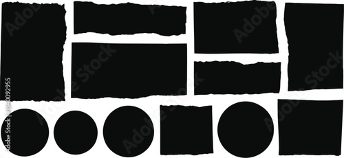 Arrangement of black torn paper pieces and circles on a white canvas