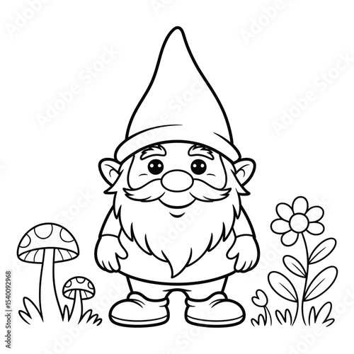 Charming garden gnome vector illustration in black and white perfect for coloring pages and decorative designs