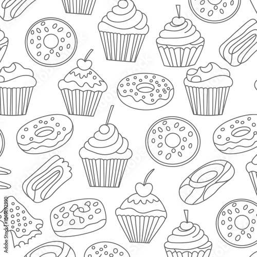 Black and white seamless pattern of cupcakes donuts and pastries for bakery decoration and food related design projects