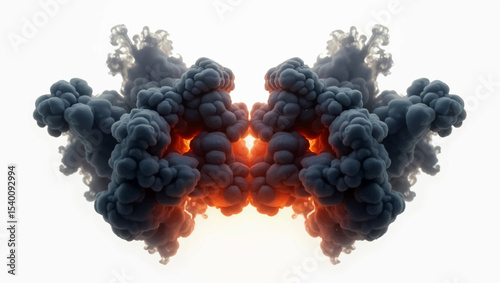 Generate a symmetrical image of a dense, dark smoke cloud expanding outwards from a central, intense orange and red glowing core, indicative of a powerful explosion or a fiery reaction.