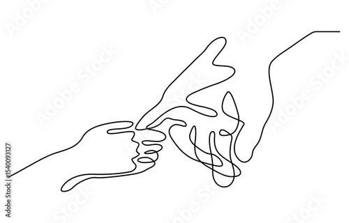 One continuous line drawing of baby kid hand holding mom dad parents hands. son daughter grab mommy daddy hand. family doodle outline art line vector illustration