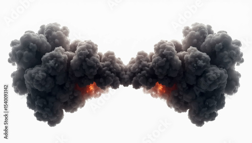 Generate a symmetrical image of a dense, dark smoke cloud expanding outwards from a central, intense orange and red glowing core, indicative of a powerful explosion or a fiery reaction.