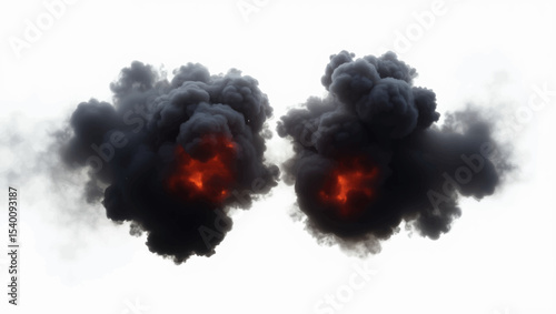 Generate a symmetrical image of a dense, dark smoke cloud expanding outwards from a central, intense orange and red glowing core, indicative of a powerful explosion or a fiery reaction.