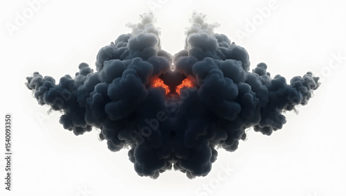 Generate a symmetrical image of a dense, dark smoke cloud expanding outwards from a central, intense orange and red glowing core, indicative of a powerful explosion or a fiery reaction.