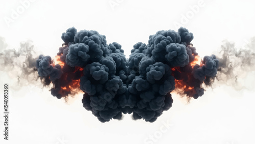 Generate a symmetrical image of a dense, dark smoke cloud expanding outwards from a central, intense orange and red glowing core, indicative of a powerful explosion or a fiery reaction.