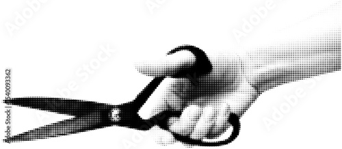 Halftone Hand Holding Sewing Scissors – Side View Black and White Vector