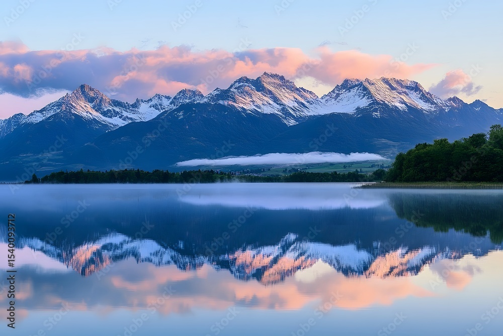 Snow-capped mountains reflecting in a still lake at dawn Snow-capped mountains reflecting in a still lake at dawn