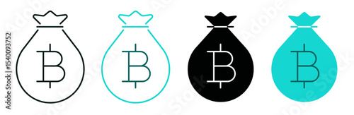 Piggy bank with bitcoin coin symbol. Cryptocurrency, finance, money, savings or investment concept. Line and solid icon set. Outline logo for web, ui, or mobile app. Editable vector stroke. 