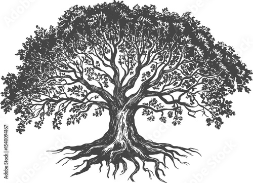 Illustration of a large tree with detailed branches and root system