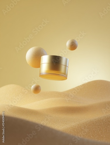 Gold cosmetic jar levitates above a sandy landscape, surrounded by golden spheres