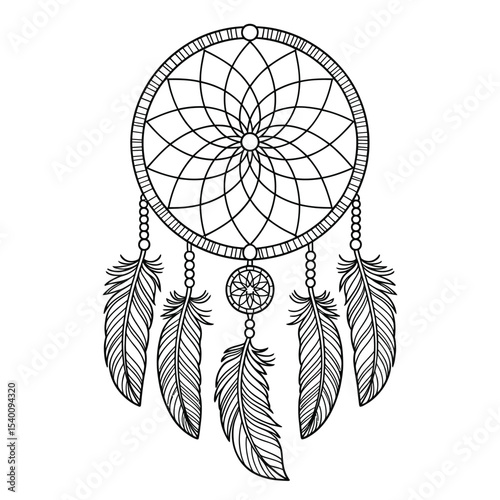 Detailed hand drawn black and white dreamcatcher design featuring feathers and intricate pattern for spiritual decorative imagery