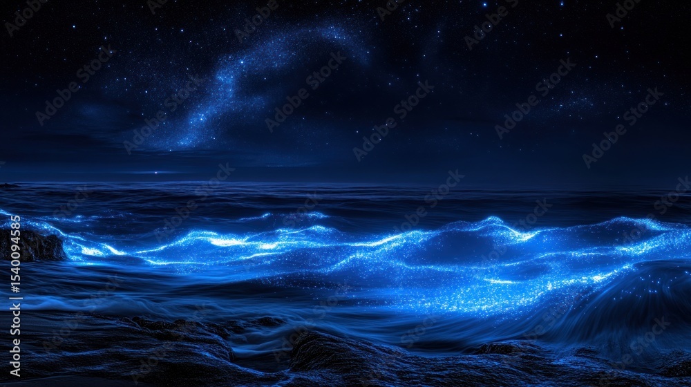 Fototapeta premium Night ocean waves glowing with bioluminescence under a starlit sky.