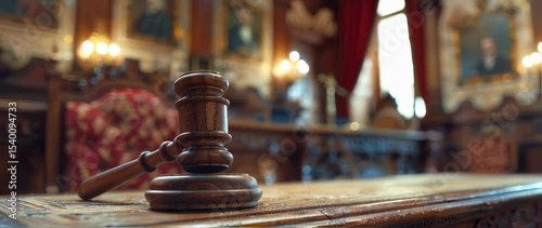 Elegant Gavel Resting on Ornate Wooden Bench in Classic Courtroom Setting