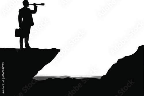 Businessperson Holding Telescope on Cliff Edge Symbolizing Vision